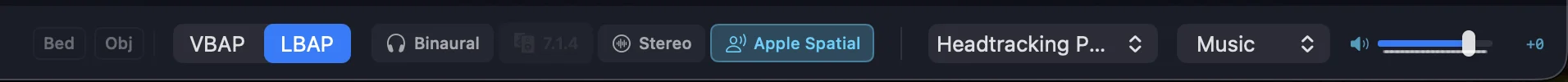 Orbit Lite footer bar showing VBAP and LBAP panning mode toggle