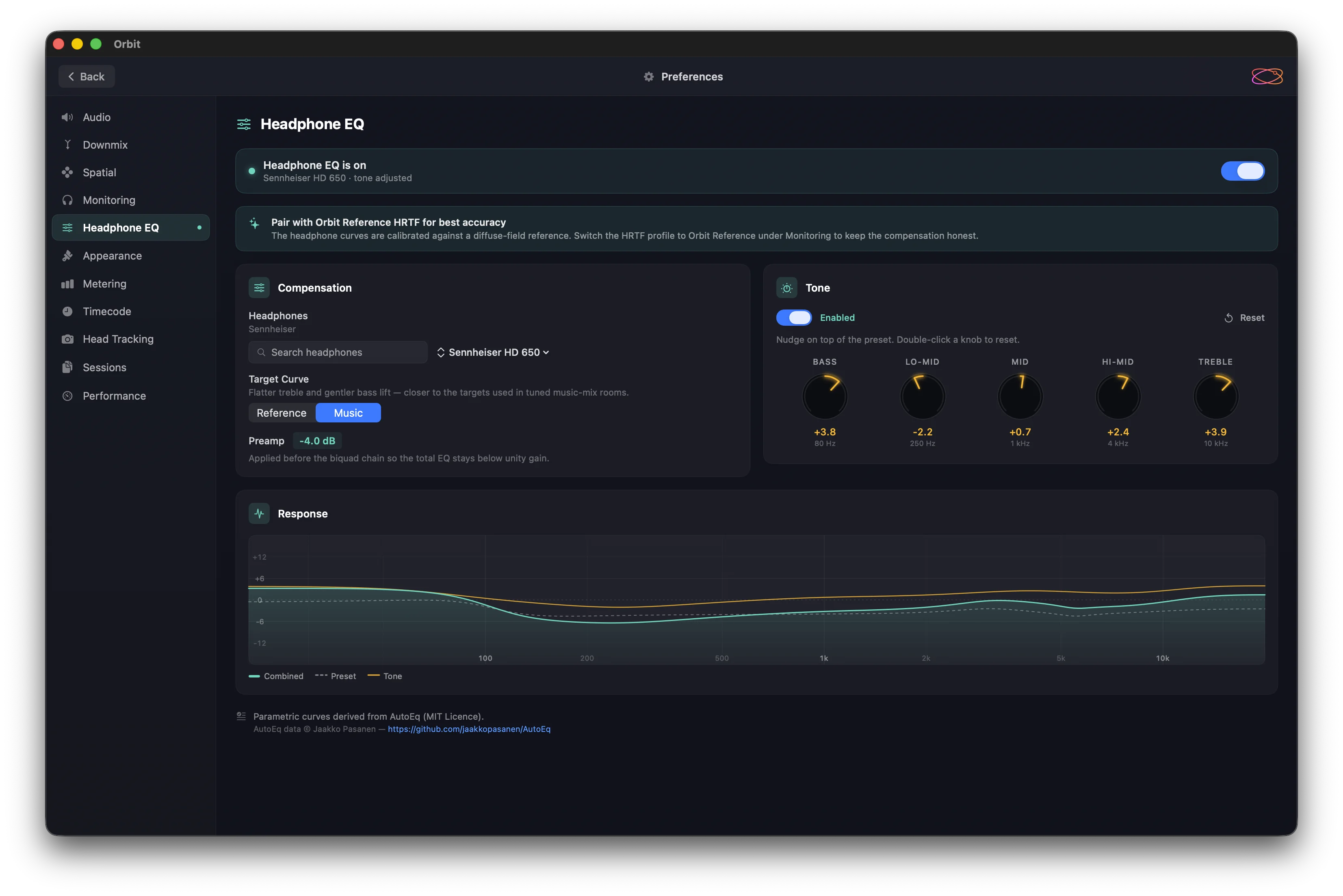 Orbit 1.4 Headphone EQ panel showing compensation preset, five-band tone controls, and the live response graph