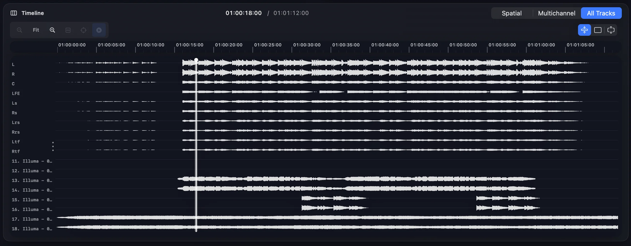All Tracks view in Orbit Pro showing every bed and object as a stacked waveform timeline