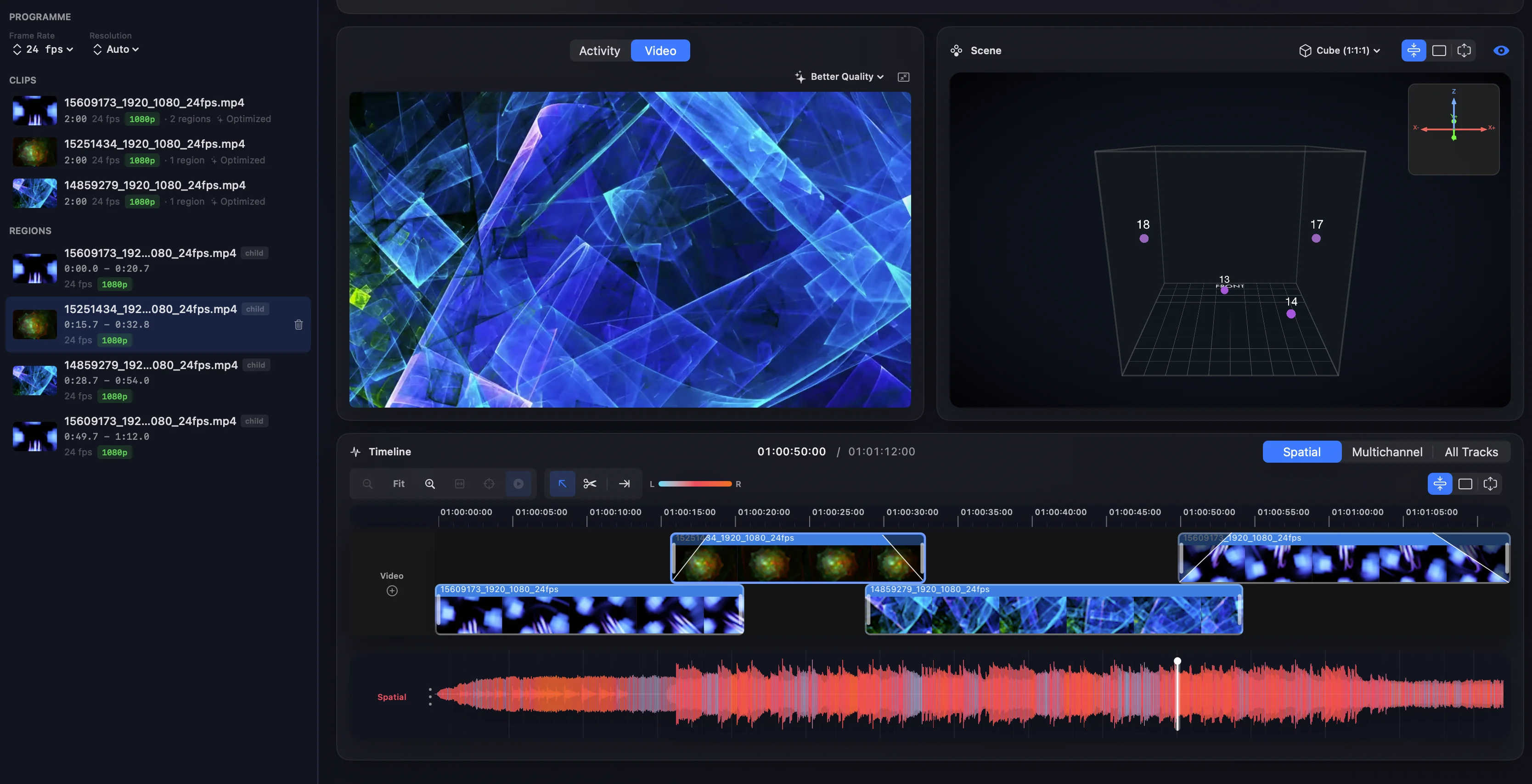 Video editing view in Orbit Pro with clip bin, video preview, scene view and timeline