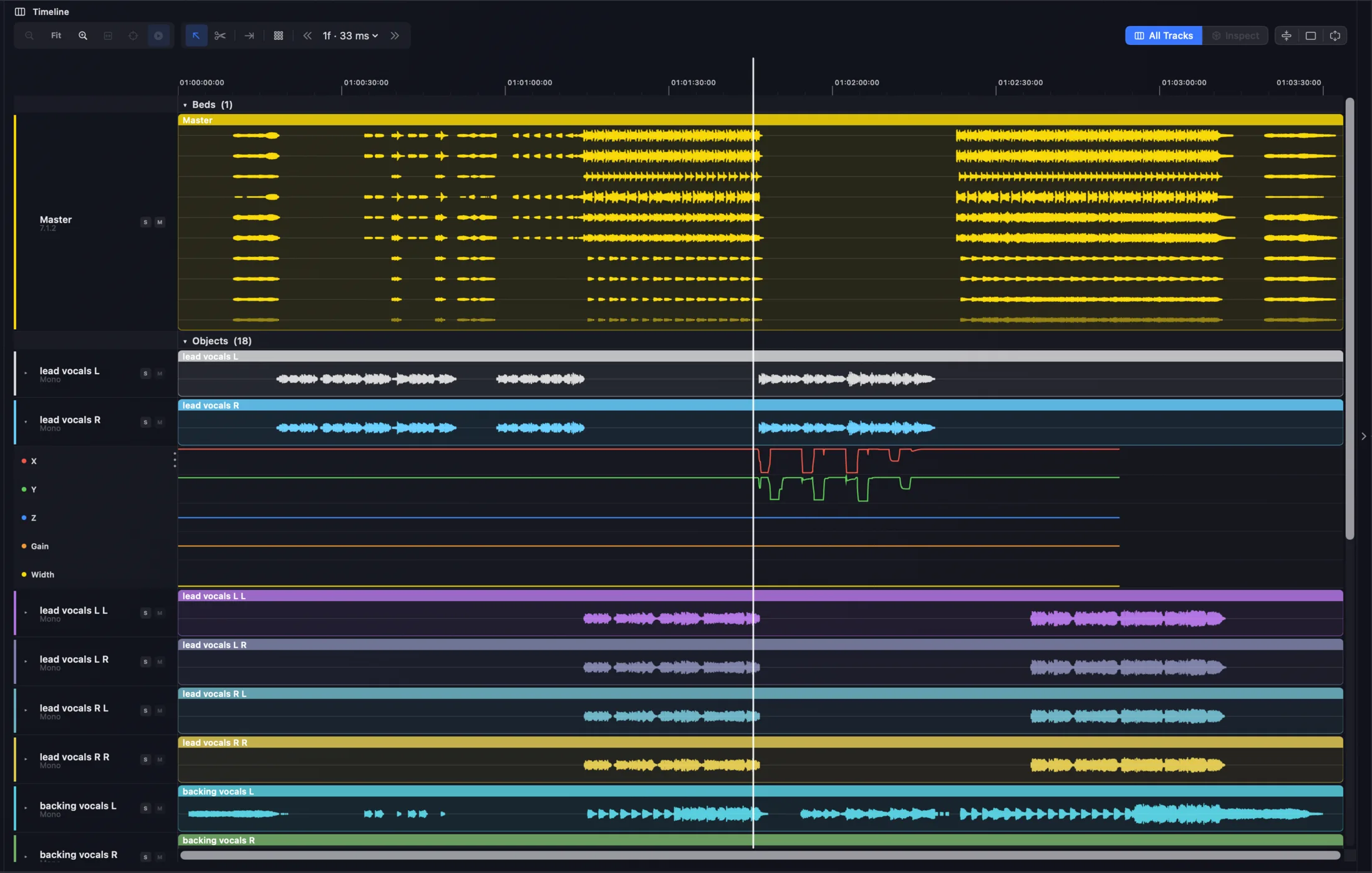 The Timeline view in Orbit Pro showing every bed and object as a stacked waveform timeline