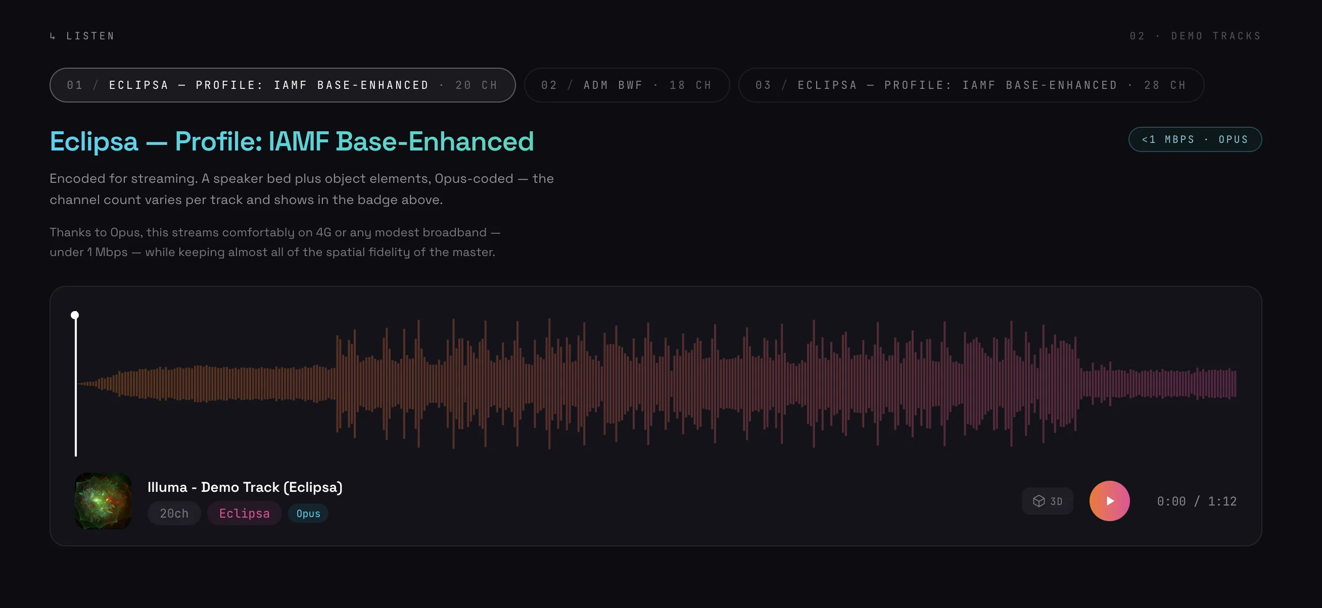 The Esfera web player streaming a 28-channel IAMF Base-Enhanced demo track over Opus, showing the waveform, track metadata, and demo-track tabs
