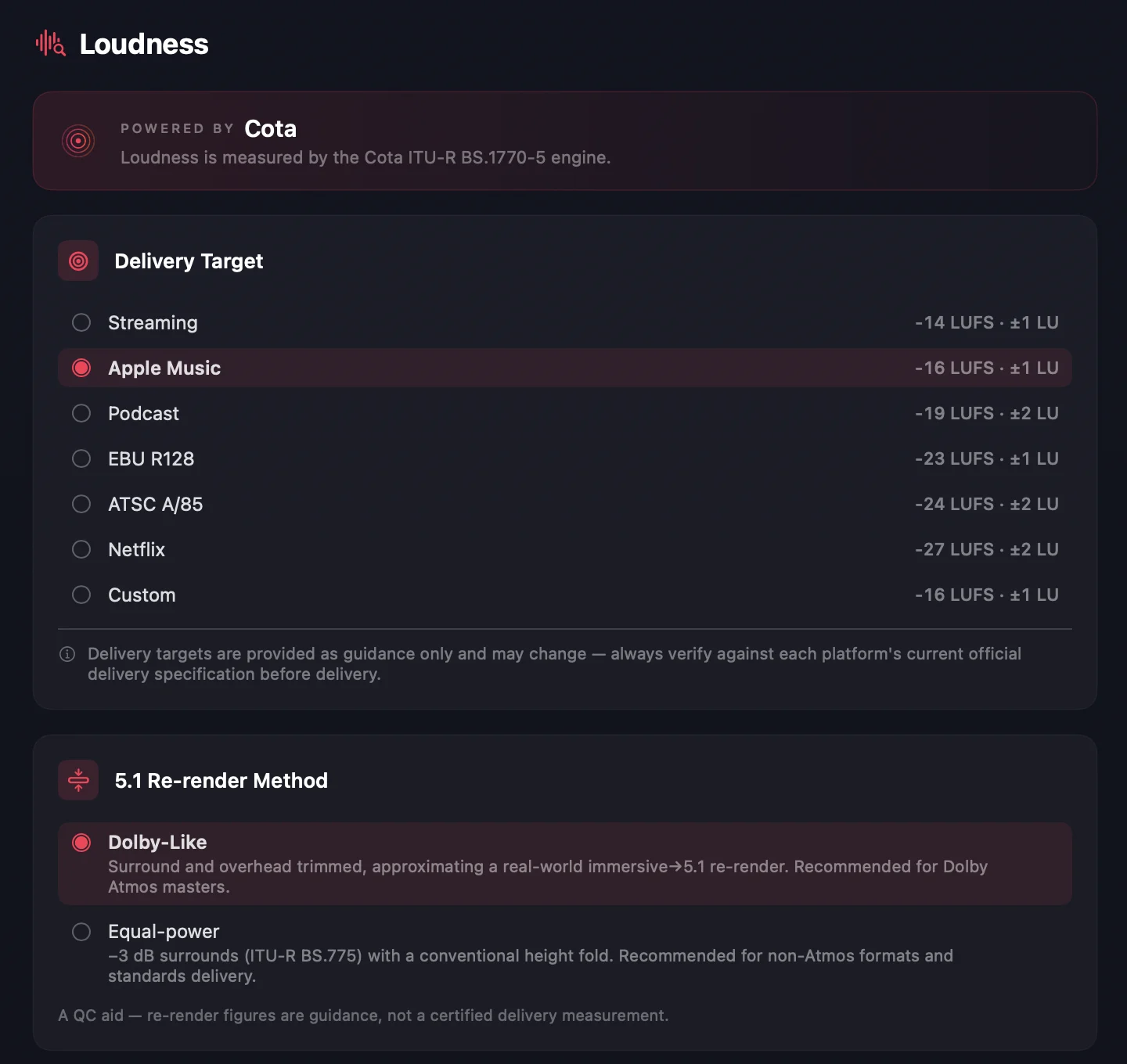 Orbit's loudness section, powered by Cota — BS.1770-5, delivery targets and 5.1 re-render