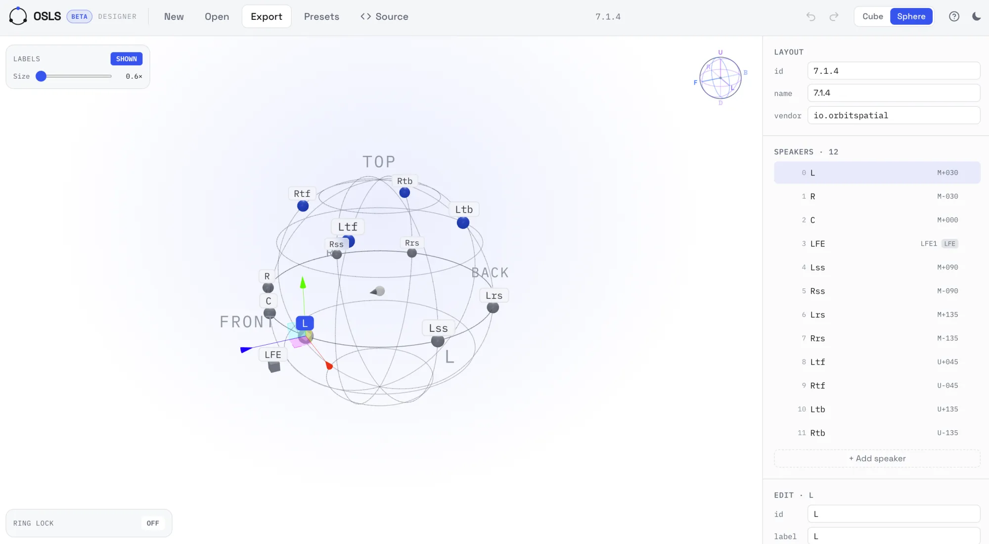 The OSLS browser 3D designer — build any speaker layout, up to 64 channels