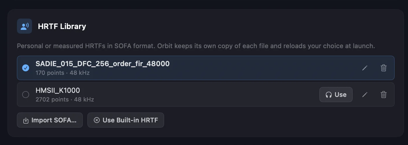 Orbit's HRTF Library in Preferences — two imported SOFA profiles listed with their measurement points and sample rate, each with rename and delete controls, above Import SOFA and Use Built-in HRTF buttons