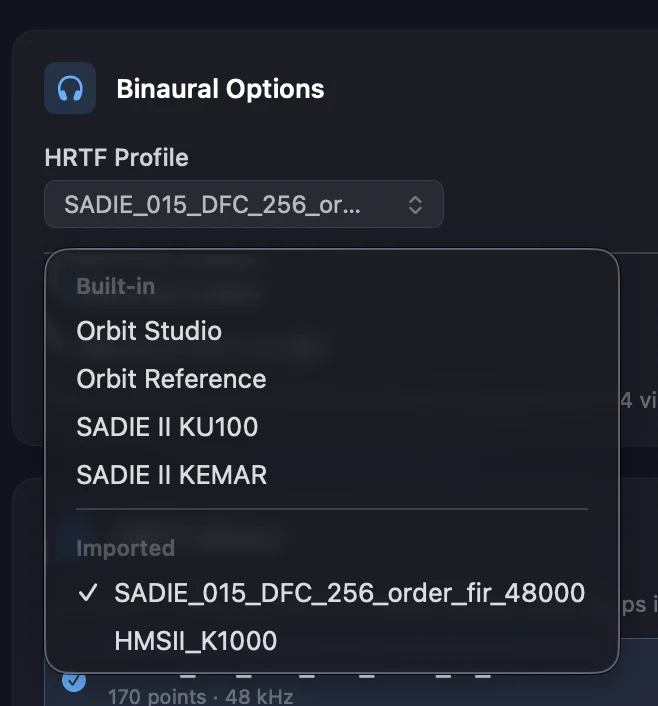 The HRTF Profile menu in Orbit's Binaural Options, showing a Built-in group — Orbit Studio, Orbit Reference, SADIE II KU100, SADIE II KEMAR — above an Imported group holding two SOFA profiles