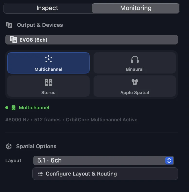 The Monitoring sidebar in Orbit — Multichannel selected on an EVO8 interface, with Spatial Options showing a Layout menu set to 5.1 and a Configure Layout & Routing button beneath it