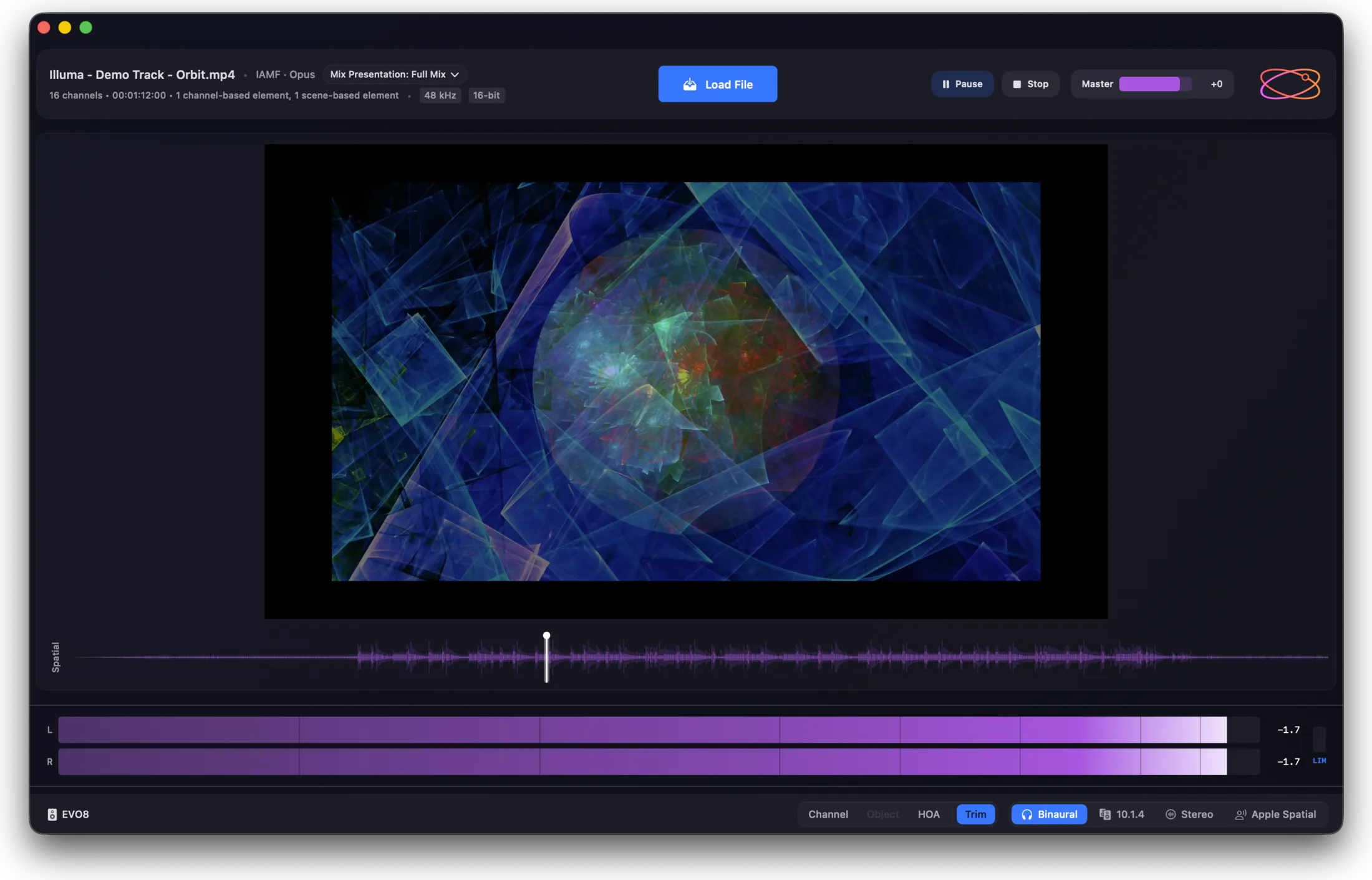Orbit Lite 1.2.0 — playing an IAMF file with video in sync, spatial waveform and metering