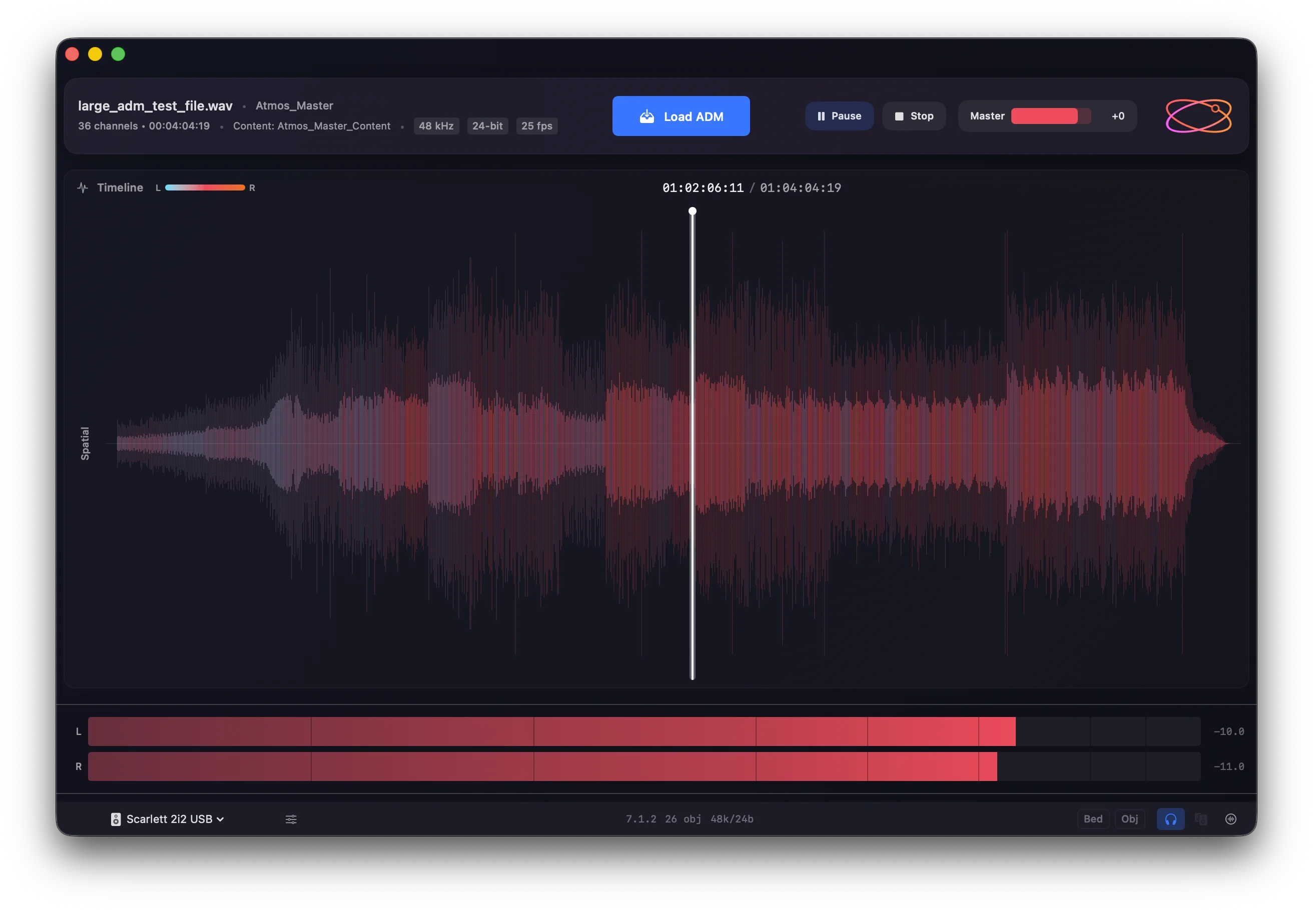 Orbit Lite app interface showing spatial waveform display with ADM playback controls