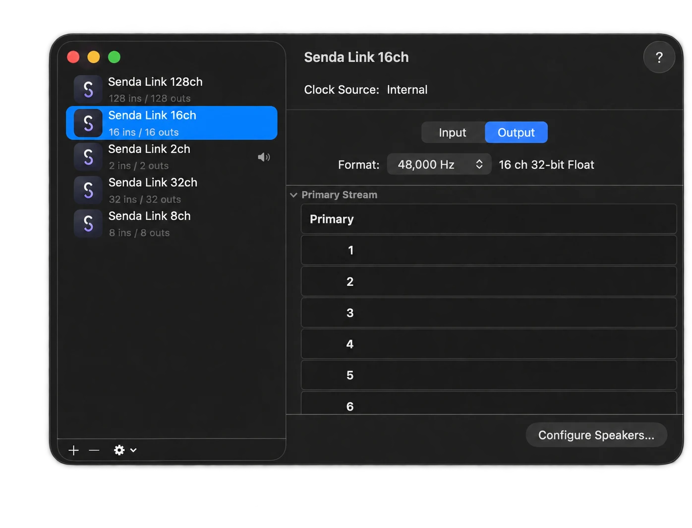 Audio MIDI Setup on macOS listing all five Senda Link devices — 128, 16, 2, 32 and 8 channels — with the 16-channel device selected at 48,000 Hz, 16 ch, 32-bit float